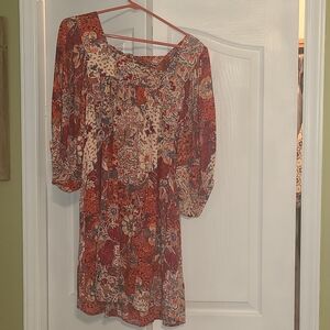 Rust Floral Boho Mini Dress - Smocked Yoke